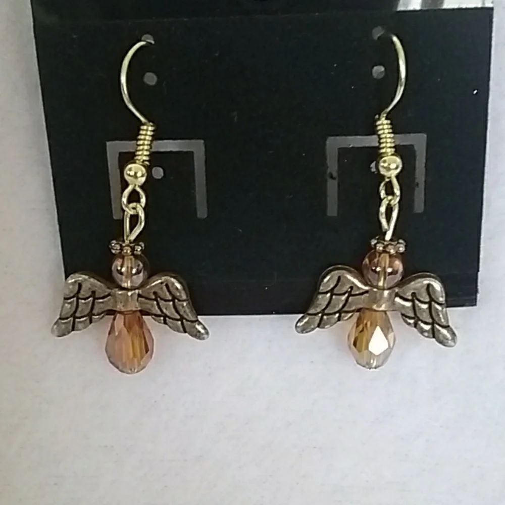 Brown and gold angel hook earrings